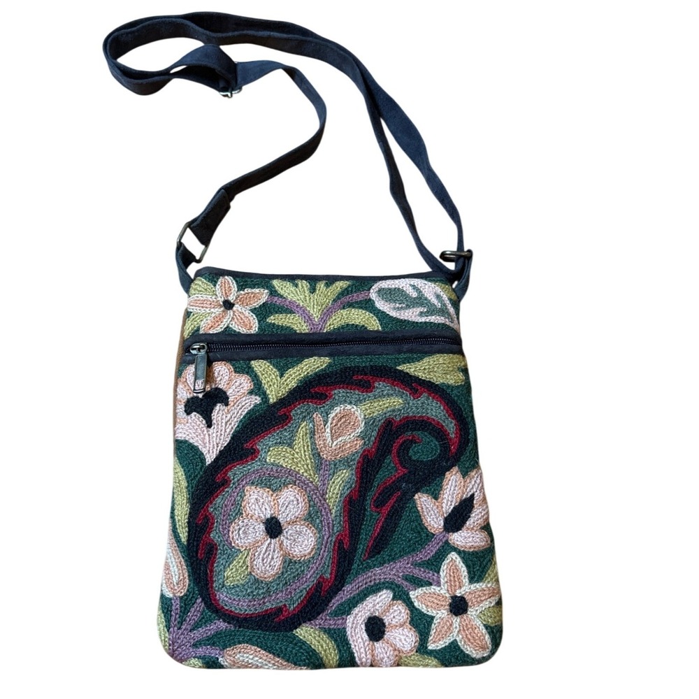 Crewel Embroidered Crossbody Bag Women Green Floral Boho SIZE Small